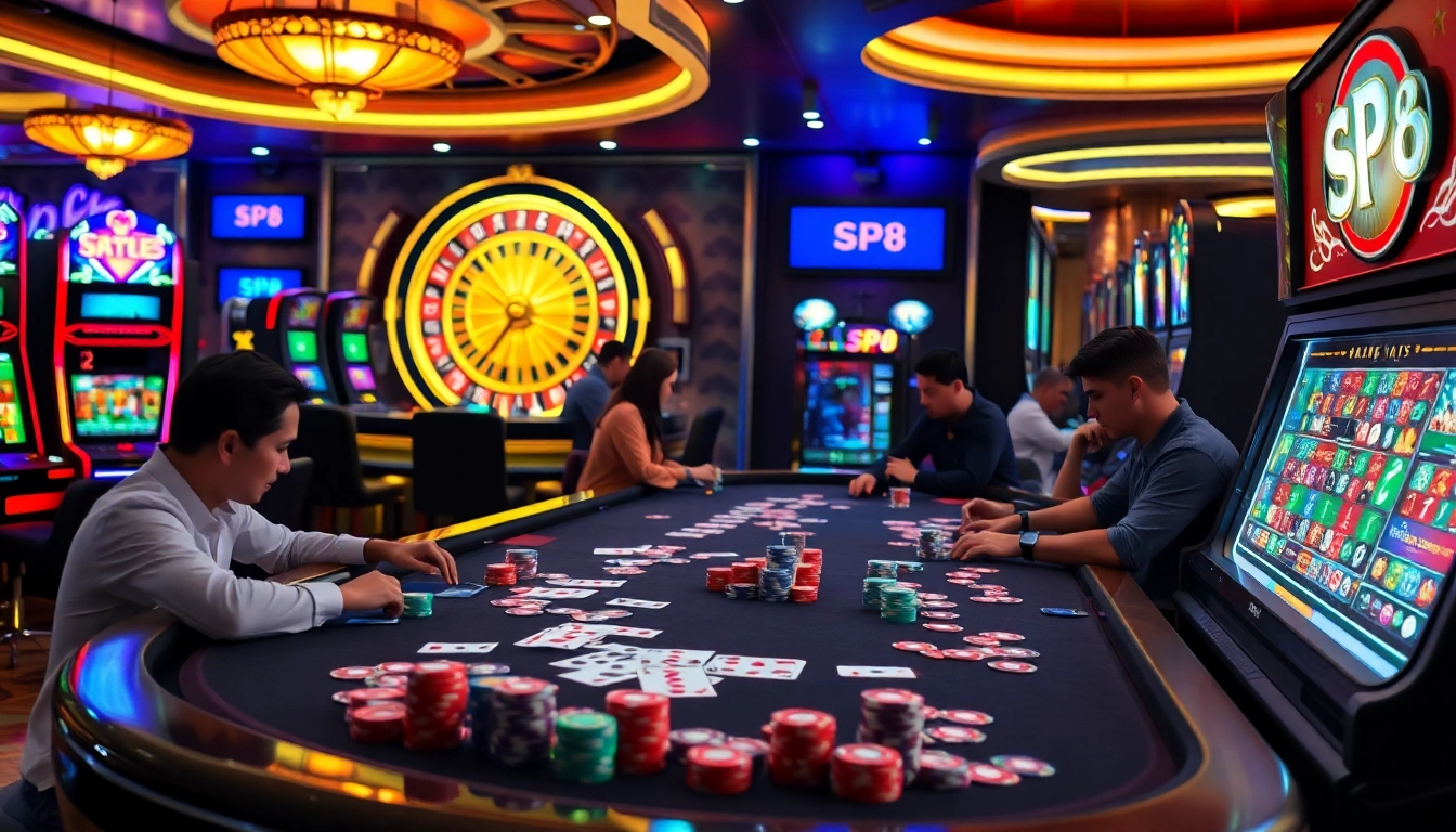 Action-packed casino scene with SP8 branding, featuring poker and roulette games.