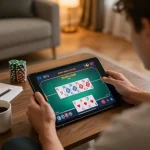 Engaging online gaming session at PH33 with poker interface on tablet and strategic notes.
