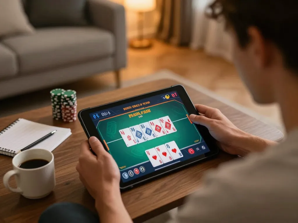 Engaging online gaming session at PH33 with poker interface on tablet and strategic notes.