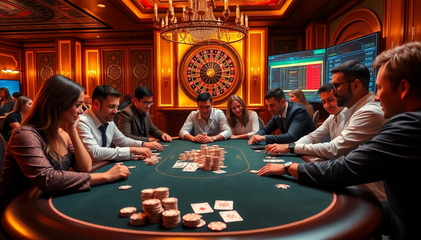 Players strategizing at a poker table inside the vibrant atmosphere of https://lc88.supply/, highlighting luxury and excitement in online gambling.