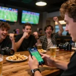 Player using BK33 for sports betting at a lively sports bar with multiple screens.