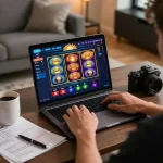 Engaging in a sun win slot game on a laptop in a cozy home environment
