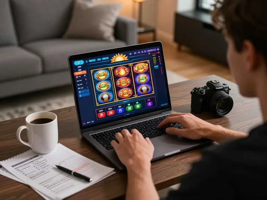 Engaging in a sun win slot game on a laptop in a cozy home environment