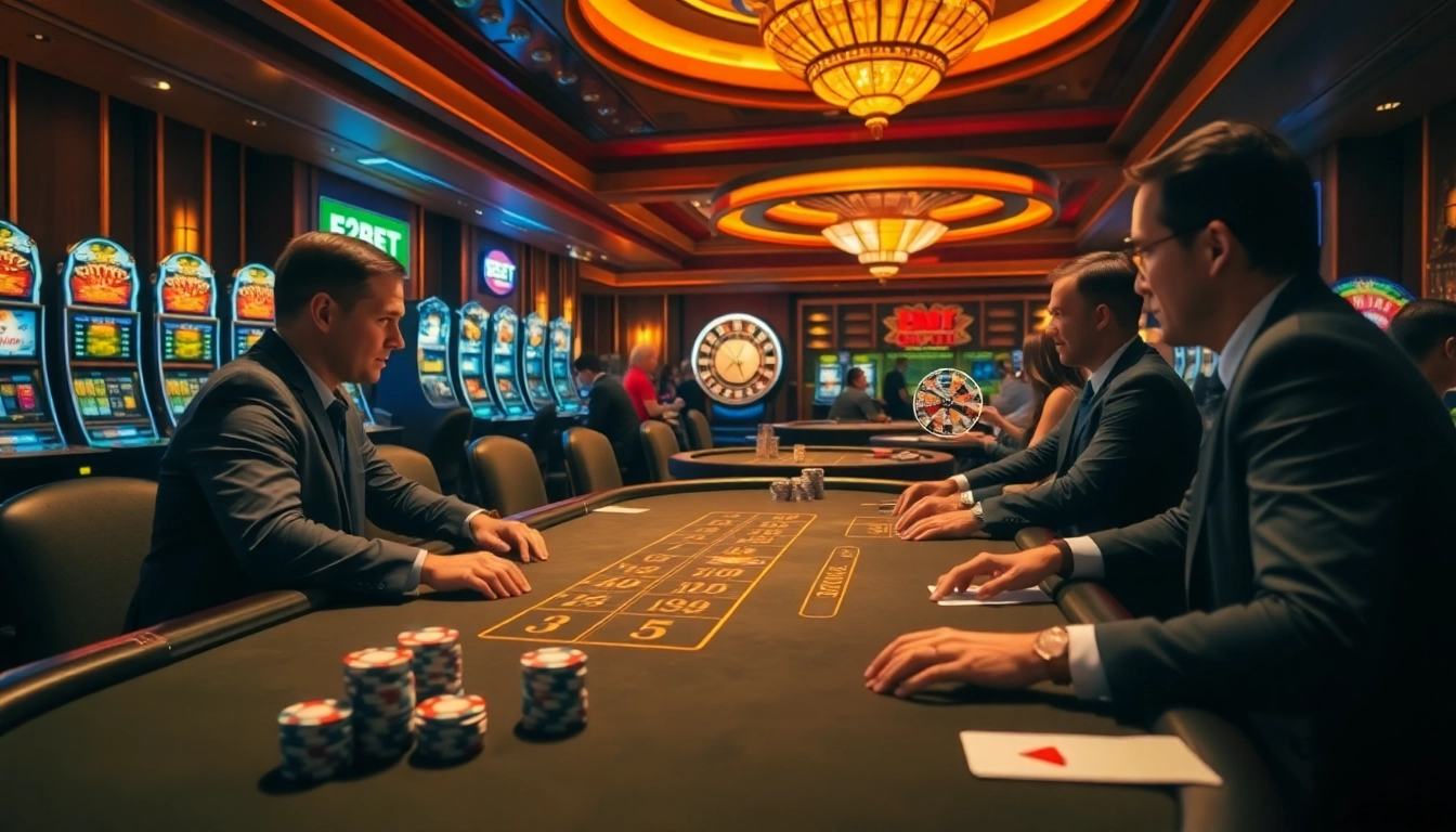 E2BET players enjoying a high-stakes blackjack game under glamorous casino lights.