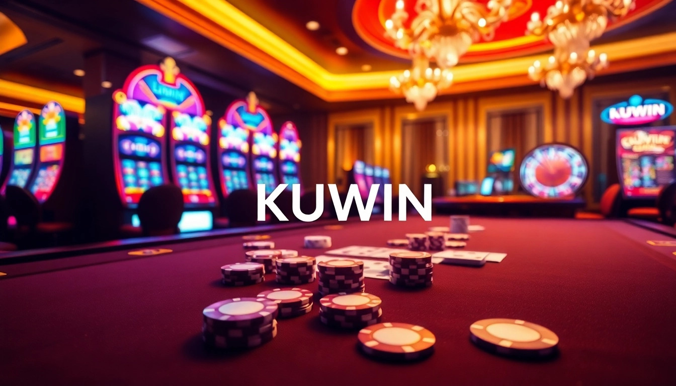 KUWIN casino table filled with poker chips and cards, capturing the excitement of gambling.