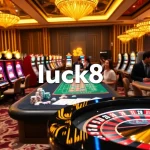 Experience the thrill of luck8 with vibrant casino tables and slot machines in an exciting gambling atmosphere.