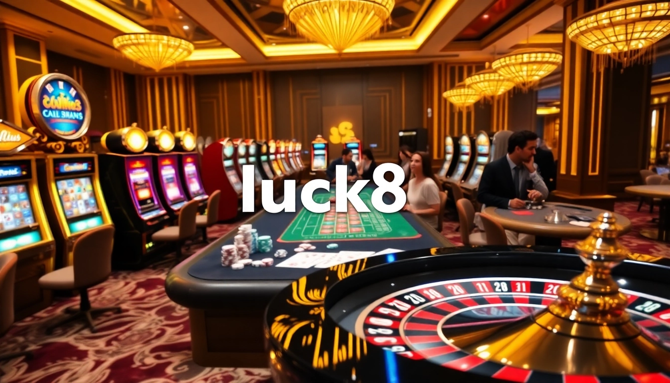 Experience the thrill of luck8 with vibrant casino tables and slot machines in an exciting gambling atmosphere.
