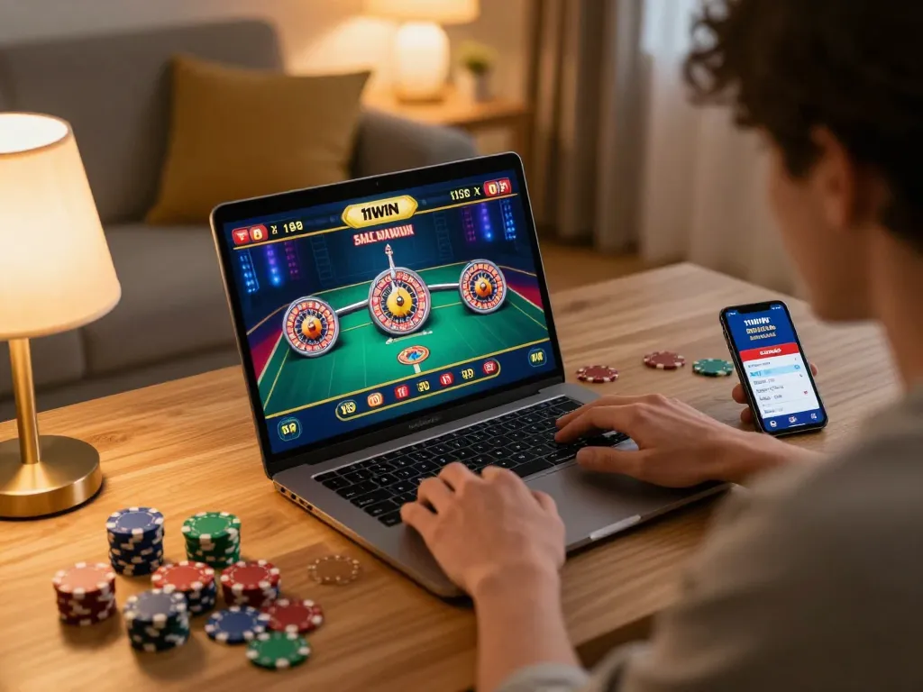 Engaged player experiencing roulette on laptop, exploring 11win's online casino.