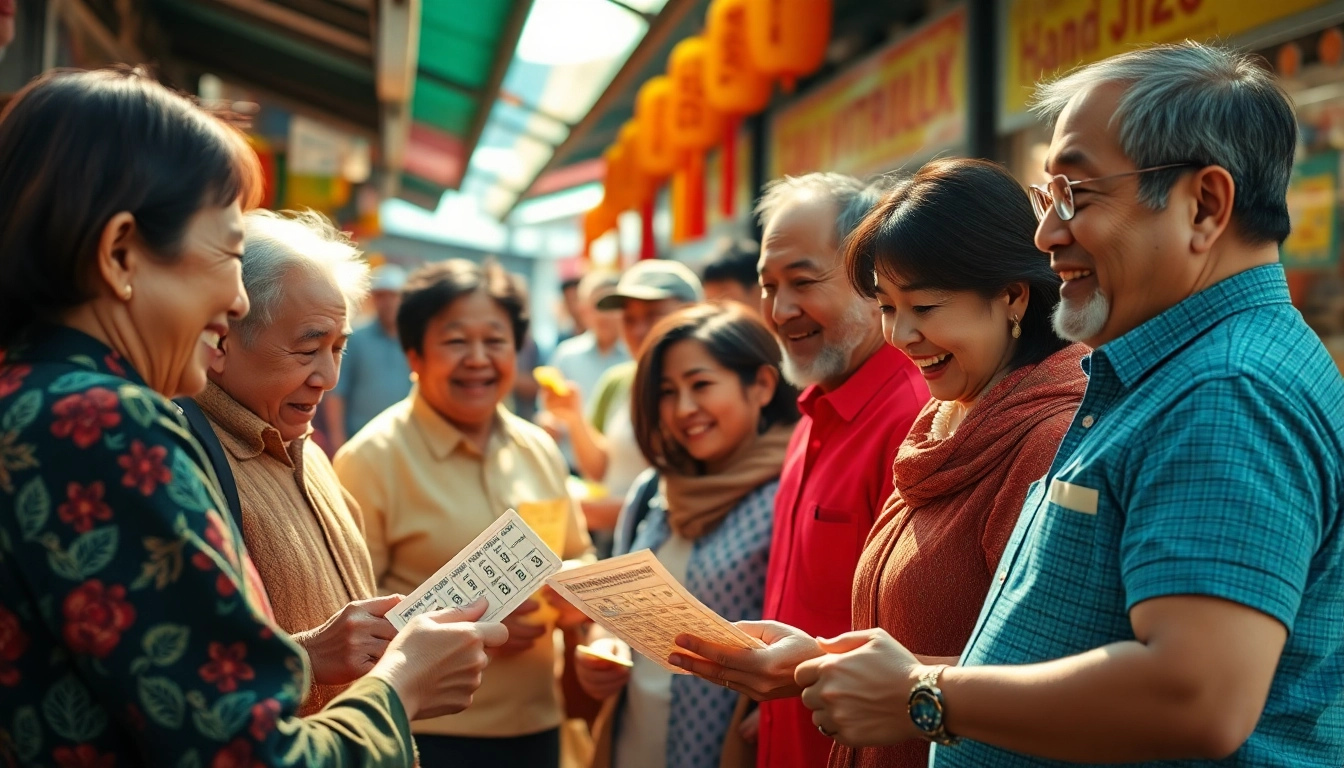 Engaging scene of diverse individuals excitedly discussing Song thủ lô lottery tickets.
