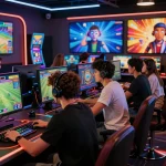 Friends enjoying the KJC online casino experience, playing slots, betting on sports, and analyzing esports in a vibrant gaming environment.