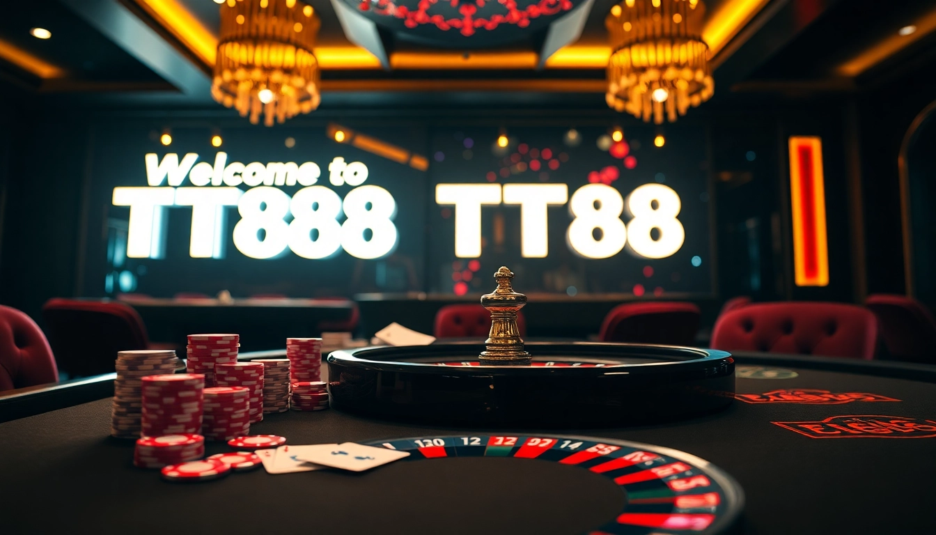 TT88 casino table showcasing vibrant poker chips and cards in an elegant setting.