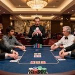 Players strategizing during a lively poker game at XI88 casino with colorful chips and intense focus