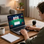 Player enjoying an NK88 live blackjack game on their laptop in a cozy home, showcasing strategic gaming.