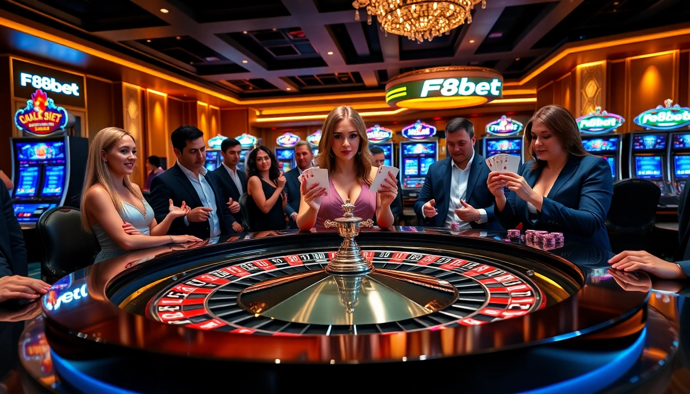 Players immerse in the excitement of F8bet at a luxurious casino table with roulette and poker games.