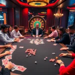 Players at a poker table enjoying a game with 56win branding visible, chips and cards on display.