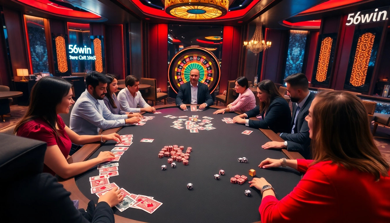 Players at a poker table enjoying a game with 56win branding visible, chips and cards on display.