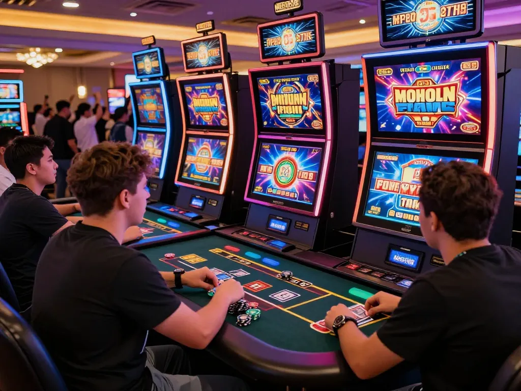 Engaging casino atmosphere showcasing MEGA888 gameplay with vibrant slot machines and lively players.