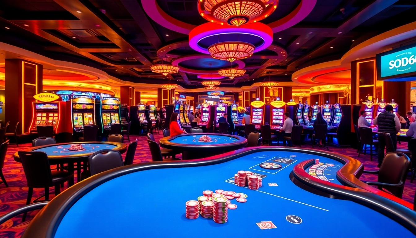 SODO66 gaming scene featuring vibrant casino tables and exciting slot machines.