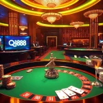 Experience the excitement of QQ88 casino gaming, featuring roulette, poker chips, and a glamorous environment.