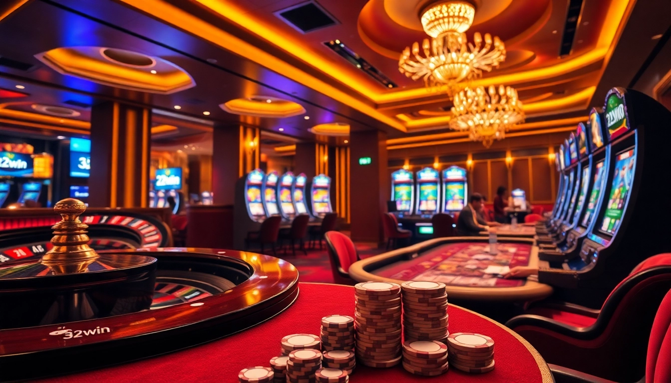 Players engaged at the 32win casino tables, experiencing excitement and high-stakes gambling.