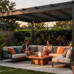 Couple enjoying their evening under a stylish pergola configurator with adjustable louvered roofs, enhancing outdoor living.
