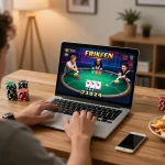 Engaging in online gambling at https://sky88h.co/ with poker gameplay shown on laptop from a cozy home setting.