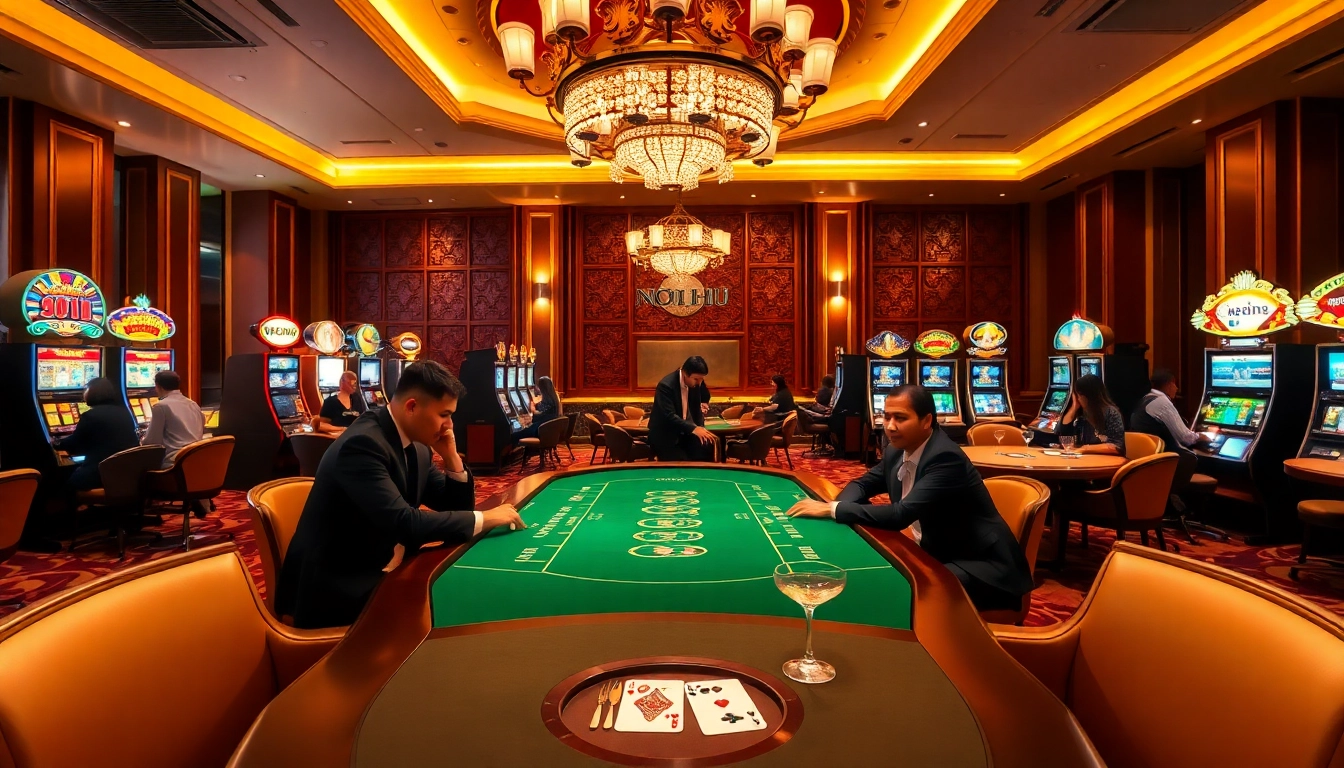 NOHU's exciting casino scene with players at poker tables and vibrant slot machines.