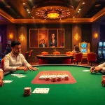 Players enjoying high-stakes poker at LC 88 casino, featuring cards and chips on a vibrant table.