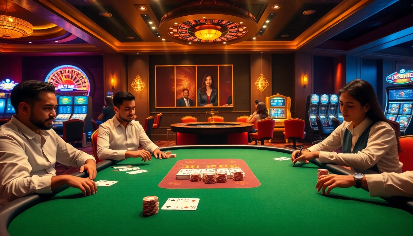 Players enjoying high-stakes poker at LC 88 casino, featuring cards and chips on a vibrant table.
