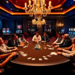 KJC poker players engaged in high-stakes excitement at a luxurious casino table.