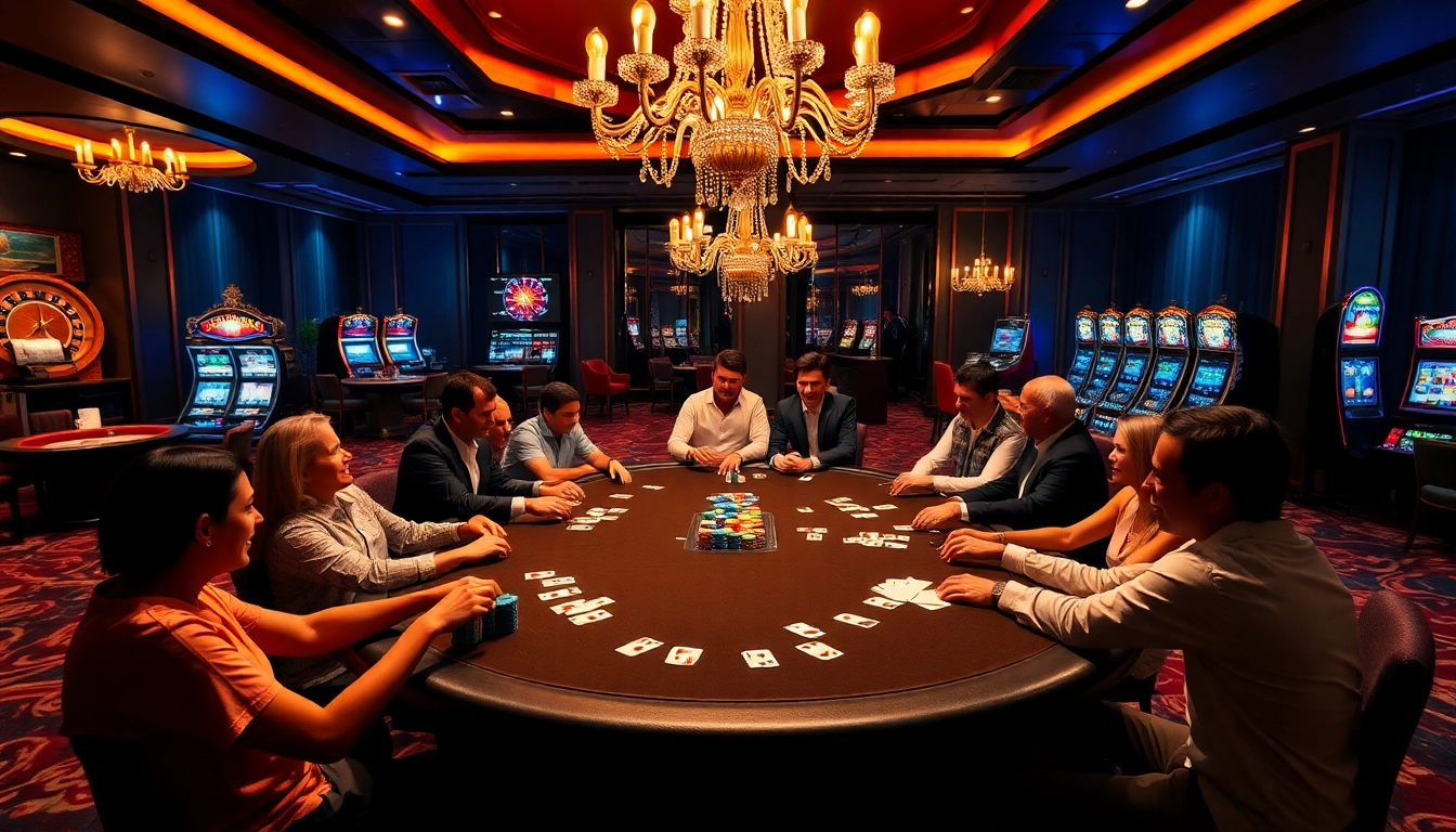 KJC poker players engaged in high-stakes excitement at a luxurious casino table.