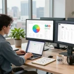 SEO Audit analysis in a modern workspace with data metrics on screen.