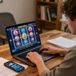 Engaged player enjoying slot777 on laptop with strategy notes and smartphone nearby.