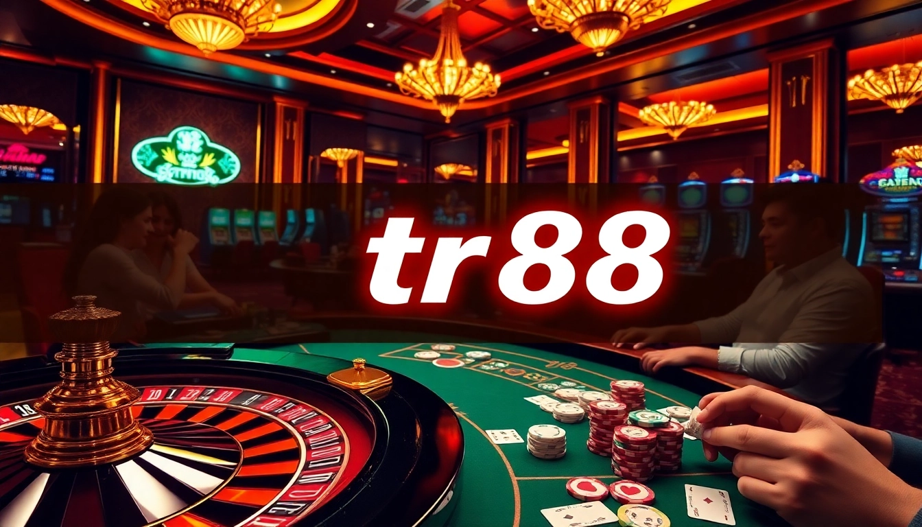 Players enjoying a thrilling casino game ambiance featuring 'tr88' with roulette wheels and poker tables.