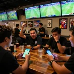 Excited fans placing taruhan bola bets on their mobile devices while enjoying live football matches in a bustling sports bar.