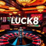 Experience thrilling gaming action at LUCK8 with elegant casino tables and vibrant slot machines.