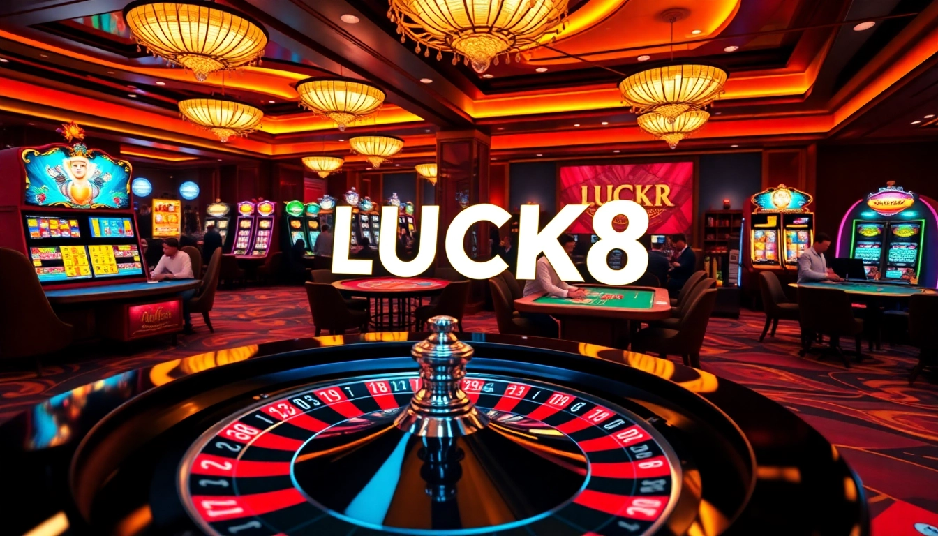 Experience thrilling gaming action at LUCK8 with elegant casino tables and vibrant slot machines.