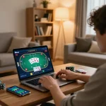 Engaging online poker gameplay scene featuring TX666 on a laptop, showcasing chips and cards in a cozy environment.
