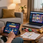Engaging with the GEM88 casino app on a tablet in a cozy living room setting.