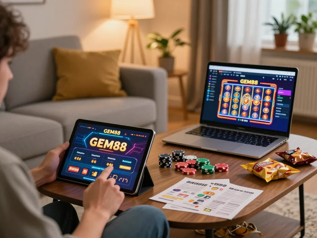 Engaging with the GEM88 casino app on a tablet in a cozy living room setting.