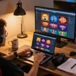 Player engaging with casino games on https://ok365.best/ with vibrant online gaming setup, showcasing intimate home scene.