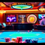 Exciting gambling at 69vn casino with vibrant poker chips on a table and a spinning roulette wheel.