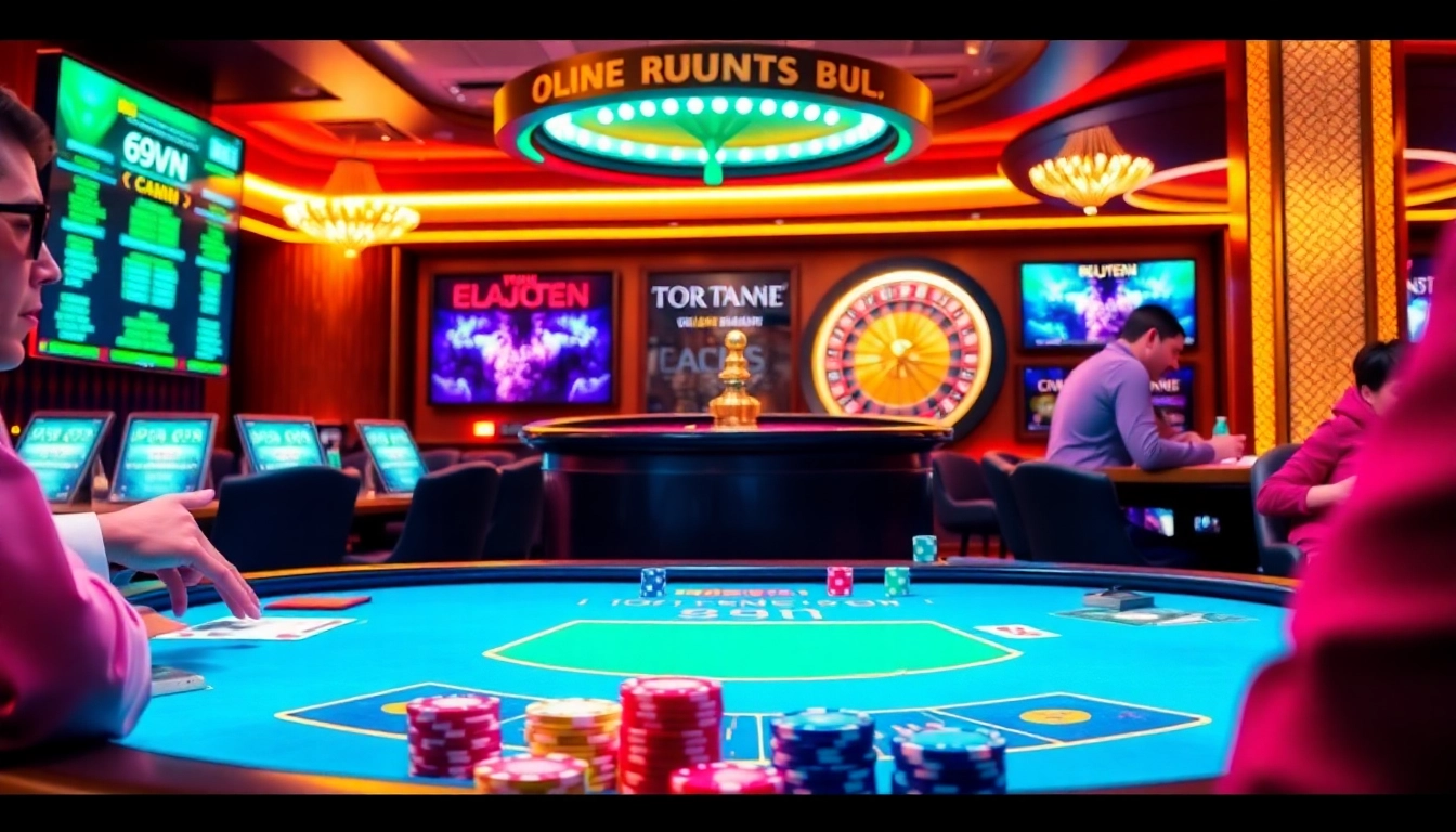 Exciting gambling at 69vn casino with vibrant poker chips on a table and a spinning roulette wheel.