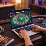 Engaging with the TG88 casino app during online roulette gameplay at a stylish home setup.