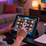 Engaged player spinning link slot gacor on a tablet in cozy living room setting.