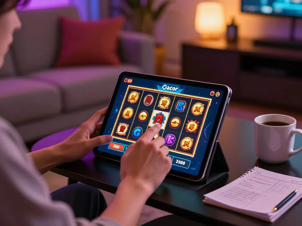 Engaged player spinning link slot gacor on a tablet in cozy living room setting.