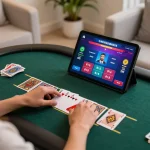 Engaging player using tablet for blackjack at https://gg88live.com/ within a cozy, stylish home environment.