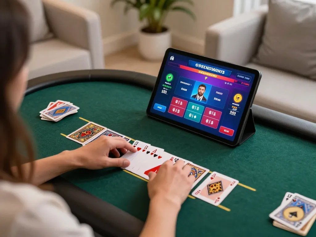 Engaging player using tablet for blackjack at https://gg88live.com/ within a cozy, stylish home environment.