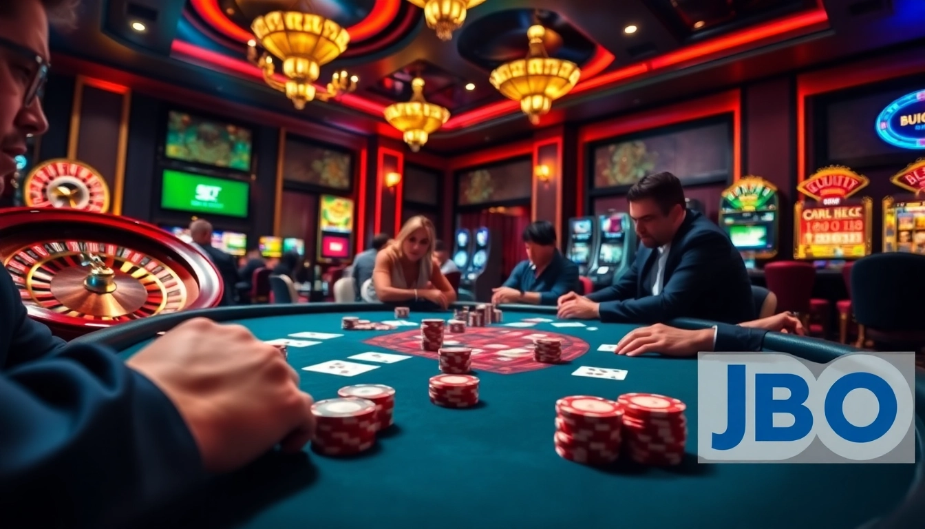 Experience thrilling gameplay with JBO as players engage in high-stakes poker at a luxury casino.