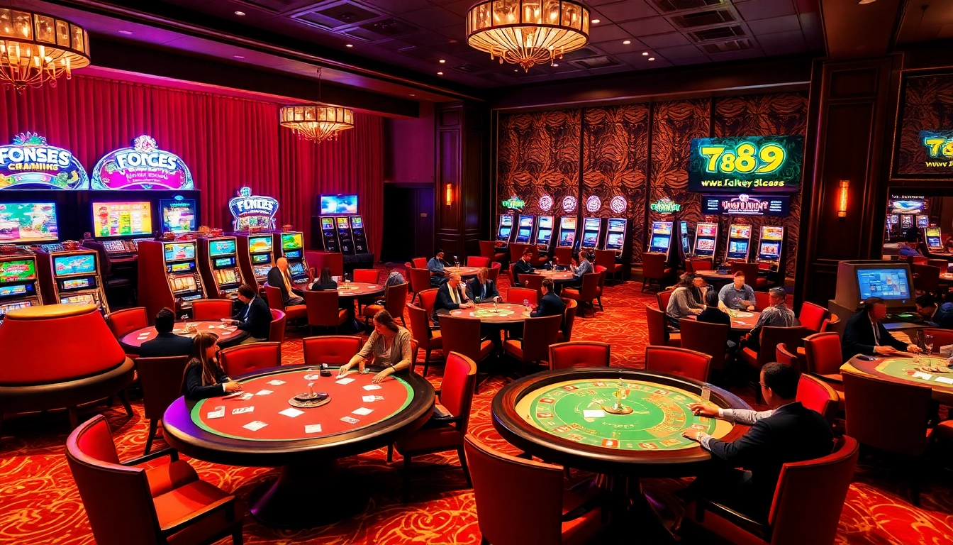 Excited gamblers engaging in poker and roulette at the luxurious 789win casino.